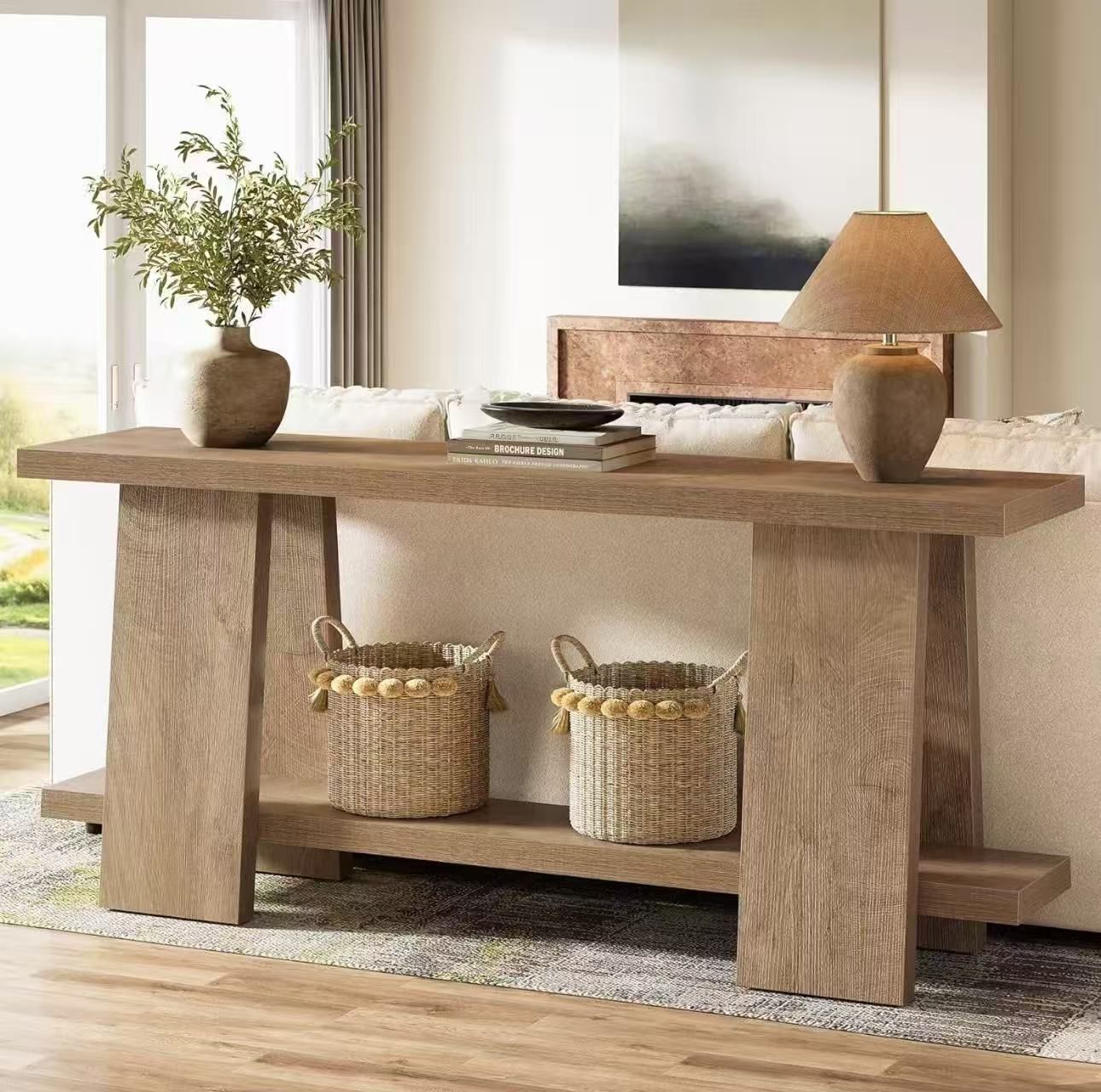 RY0257 70.9-Inch Long Console Table, 2-Tier Narrow Sofa Table Behind The Couch for Living Room, Entryway, Hallway (Natural)