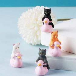 2 Black Cat Riding Pink Rubber Ducky Mini Figurines Dollhouse Toy Craft Car Home