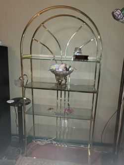 Mid-century (TWO) Matching Gold-toned and Glass etegeres shelf units