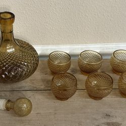 Empoli Italian Amber Glass Diamond Bottle Decanter Set 6 Glasses Made in Italy $40 for All xox