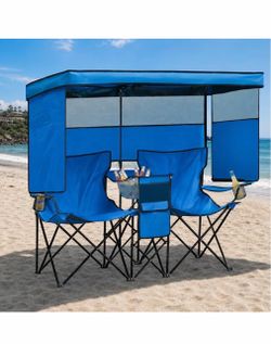 Silla de playa doble con toldo de sombra, silla de camping de servicio pesado con portavasos, asiento plegable tipo loveseat para césped exterior