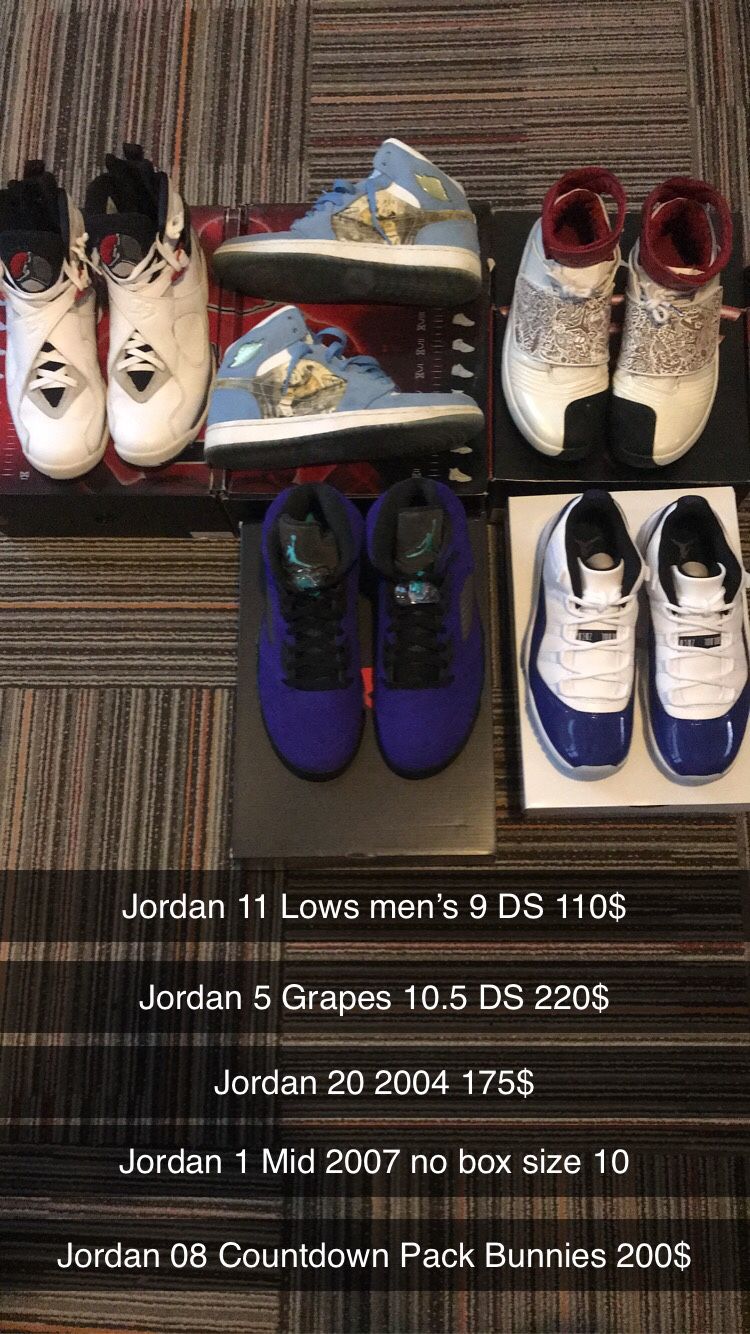 Jordan 11, Jordan 5 , Jordan 20 , Jordan 1 mid , Jordan 08 Bunnies