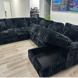 NEW IN  BOX - Black Sectional With Accent Pillows and STORAGE CHAISE** Finance Available $54 down