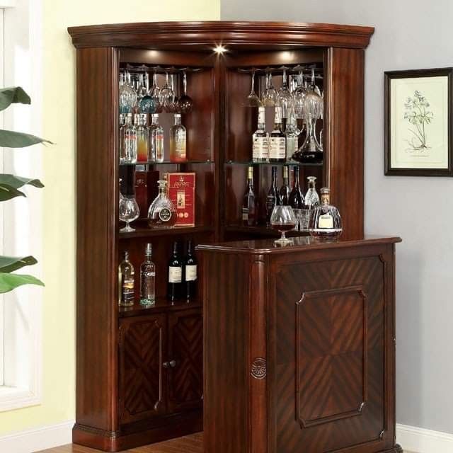 DARK CHERRY FINISH CORNER CURIO STANDING BAR CABINET TABLE WINE STORAGE