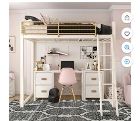 White & Gold Loft Bed – Full Size Loft with Queen Space Below