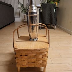 Vintage Wooden Pinic Basket w/stand +( Lg Stainless Steel Cocktail Shaker/Mixer)