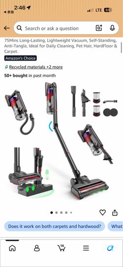 75Mins Long-Lasting Cordless Stick Vacuum with Charging Dock (Folding Wand, Anti-Tangle)