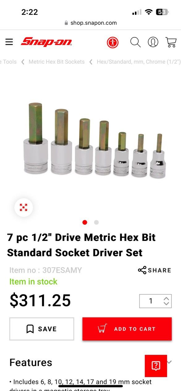 SnapOn 7 pc 1/2” Metric Socket Driver Set