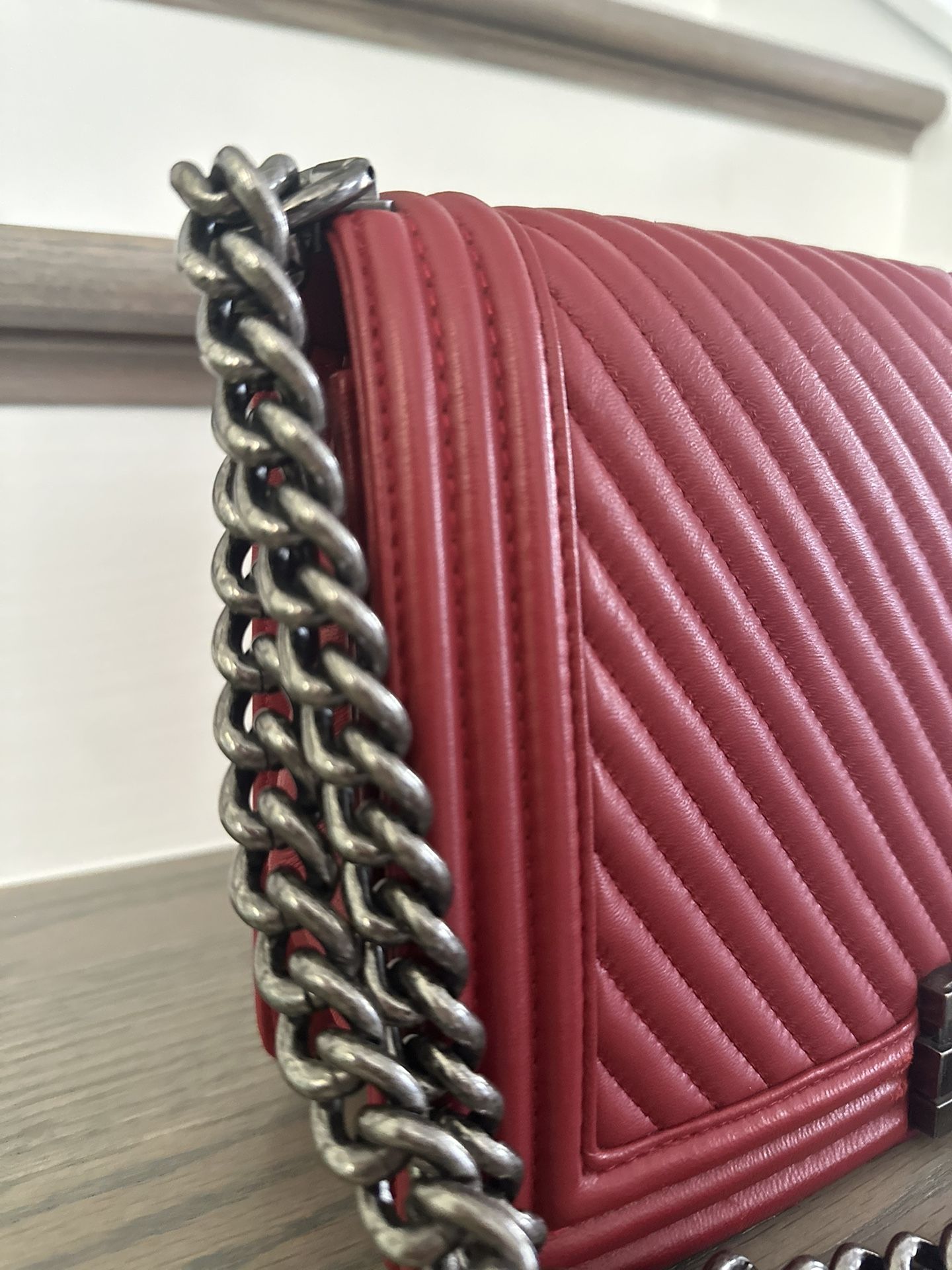 Red Quilted Leather Crossbody Bag with Chain Strap