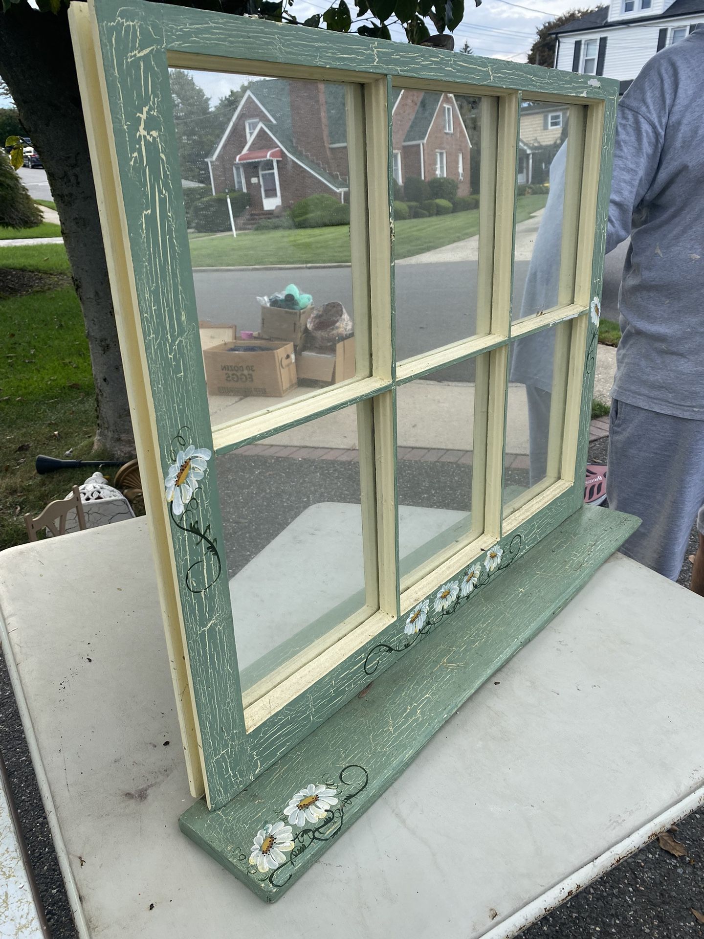 Antique Window Pane Mirror Shelf Hand  Painted 