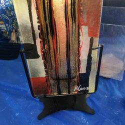Beautiful  Fused Modern Art Glass Pocket Vase With Black Stand