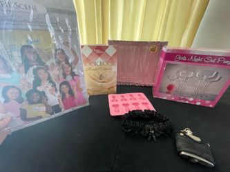 Bachelorette, bridal shower or wedding,  girls night out: girls version beer pong, mini flask on garter belt, photo props, new plastic champagne glass