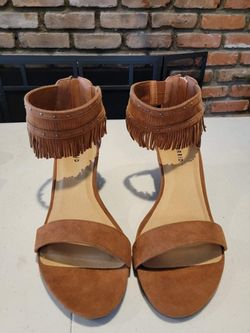 Torrid New Brown Suede Fringe Wedges size 10 wide 10w Ankle Strap open toe