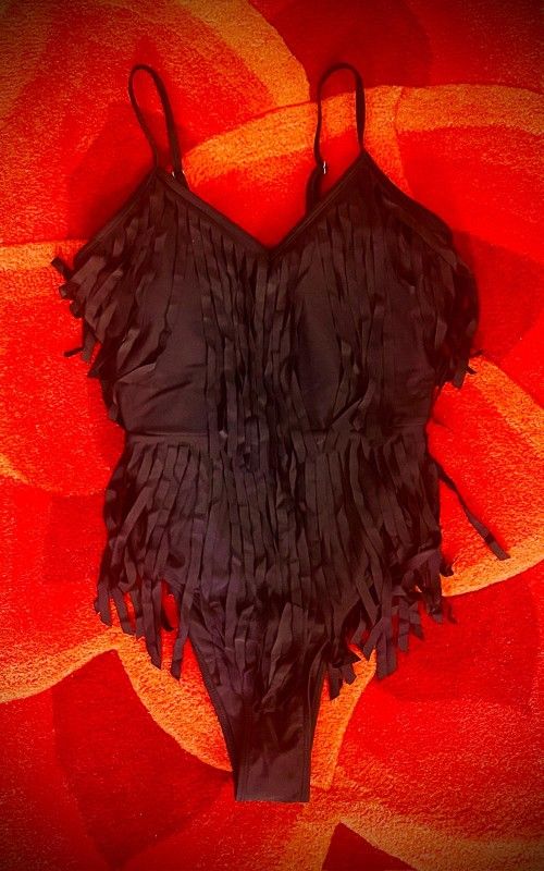 NEW, Black Ruffled Bodysuit One Piece Swimwear. Size: L.