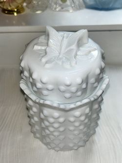 Rare Vintage Fenton Butterfly Hobnail Milk Glass Jar Trinket