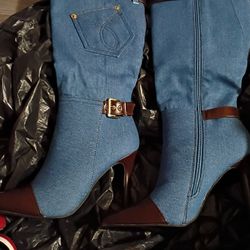 Blue And Brown Pointed Toe Buckle Strap High Heel Denim Boots 