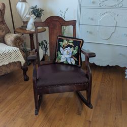 1930s Wood Upholstered Spring Seat Rocker In Good Condition.