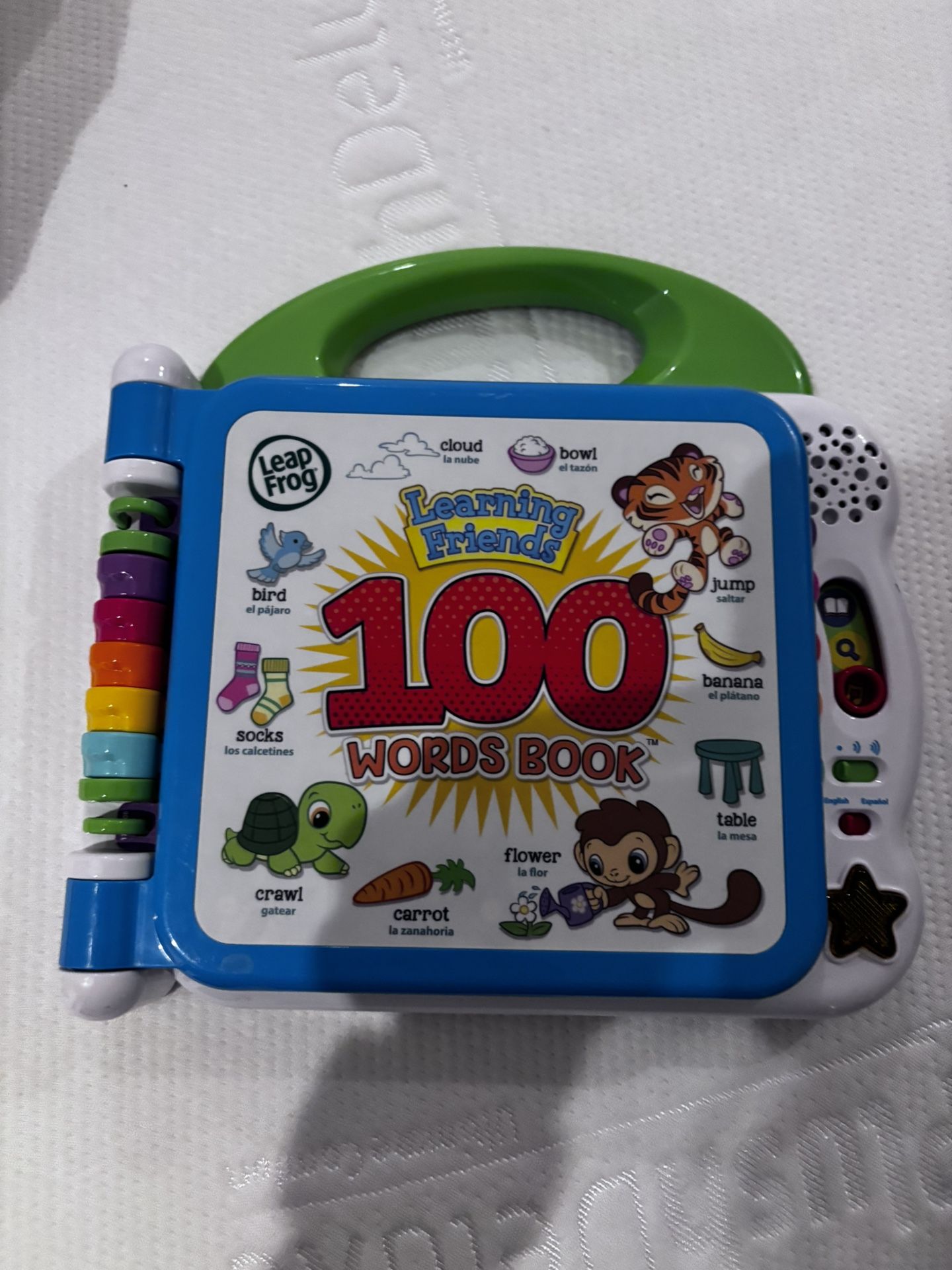 Leapfrog learning, friends, 100 words book. Bilingual Spanish and English.