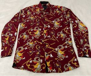 Silver Stone Mens Modern Fit Dragon Chain Print Button Up Shirt Burgundy  XLarge