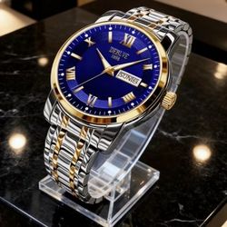 Luxury Men's Business Style Quartz Stainless Steel Wrist Watch With Date Display, Blue Dial & Luminous Hands