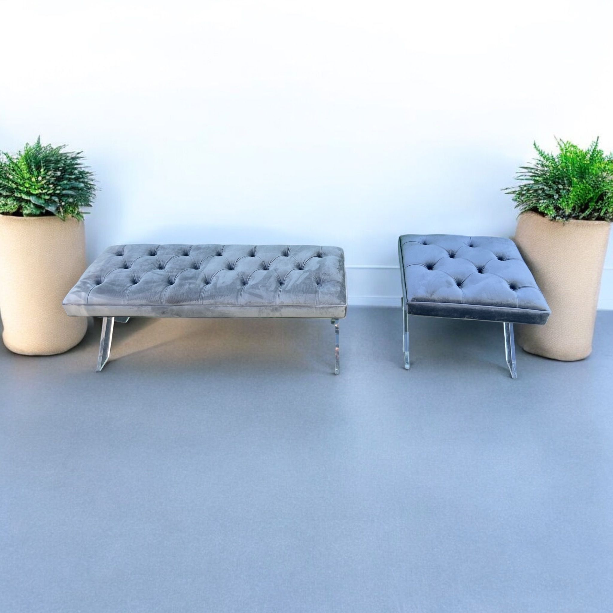 2p Safavieh Tufted Dar Gray Velvet Lucite Contemporary Bench Chair + Ottoman