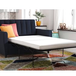 Novogratz Brittany Sleeper Sofa, Premium Linen Upholstery and Wooden Legs, Blue Linen Memory Foam Mattress