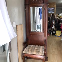 Antique Wooden Hall Tree With Key Storage