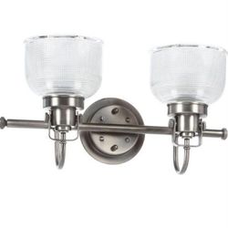 17 in. 2-Light Antique Nickel Bathroom Vanity Light with Glass Shades