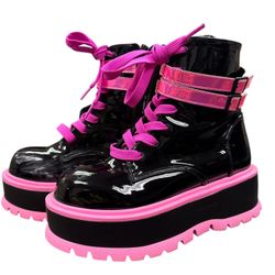 Slacker 52 Pink Black Patent Platform Combat Ankle Boots Punk Rave Festival 7.5