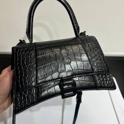 Balenciaga Medium Hourglass Croc-Embossed Leather Top Handle Bag