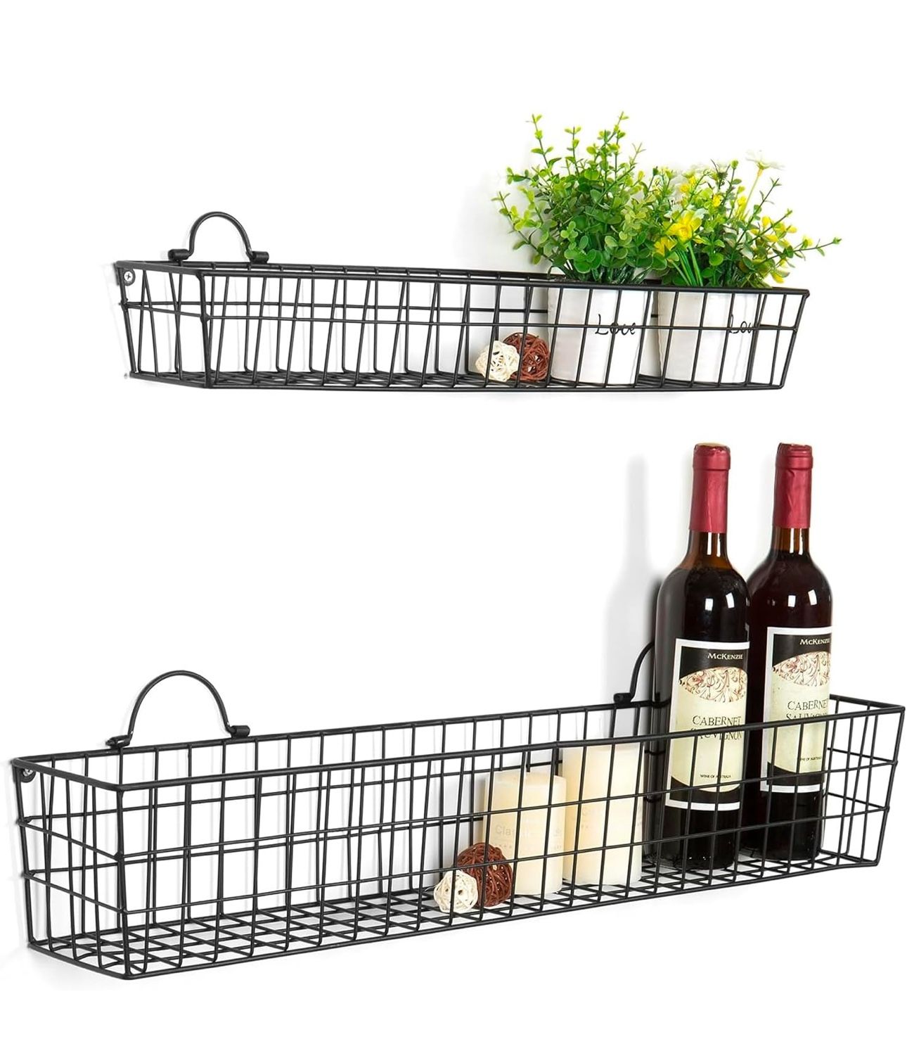 MyGift 2pcs 30-Inch Wire Baskets for Storage and Organization, Rustic Black Wall Mounted Metal Display Racks