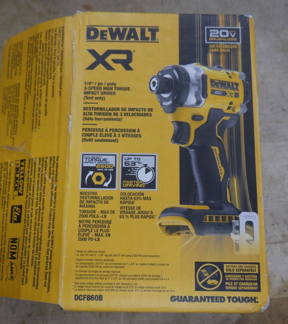 DEWALT DCF860B 20V XR High Torque 3-Speed Brushless Cordless 1/4" Impact Driver. NEW. OPEN BOX. BOX WAS OPEN FOR INSPECTION. 