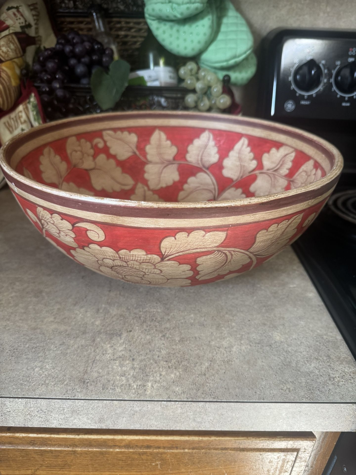 Large Ceramic Hand Painted Asian Lotus Bowl 15 1/2 Inches