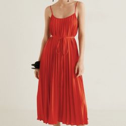 Sam Edelman Hammered Satin Plissé Dress Red/Coral Tie Waist Pleated