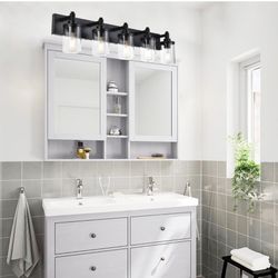 Black Modern Vanity Light for Bathroom,5-Light Bathroom Lighting Fixtures Over Mirror with Clear Gla