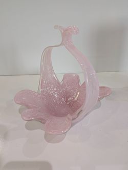 Vintage Pink Art Glass Basket Bowl Hand Blown Speckled Swan Handle Dish