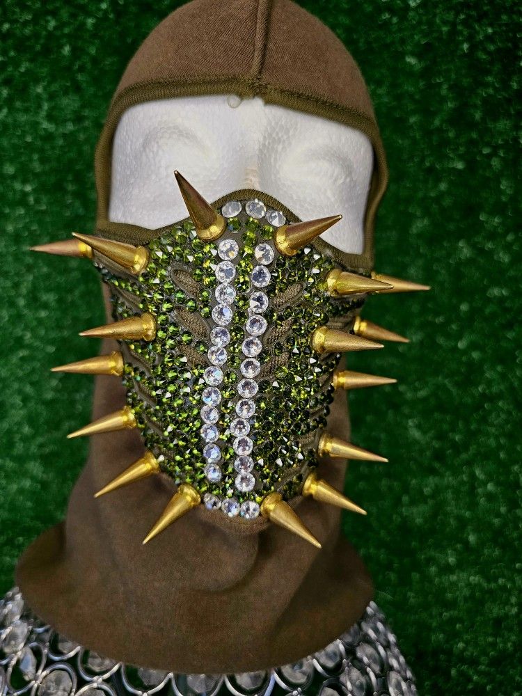 Olive Green VMS Spiked Rhinestone Balaclava | Designer Streetwear Mask | Gold Spike Face Cover | Luxury Urban Fashion | Ski Mask