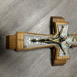 Walnut And Pewter Celtic Cross Wall Hanging 11 Inches Long By 7 1/2 Inches Wide