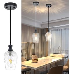 Glass Pendant Lights Kitchen Island, Farmhouse Black Pendant Light with Clear Hand-Blown Glass Shade, Modern Hammered Glass Hanging Light Fixture for 