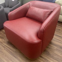 (1) New Swivel Barrel Leather Accent Chair w/Heavy-Duty Base, Wine Red 