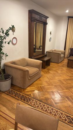 CB2 Mardones Velvet Camel Lounge Chairs 2x