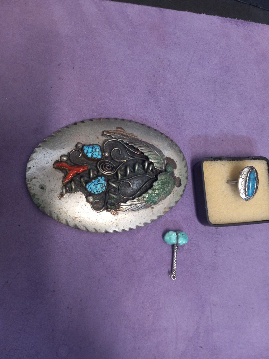 Vintage Turquoise Alpaca Belt Buckle,  Pendant And Size 6 Turquoise Oval Ring