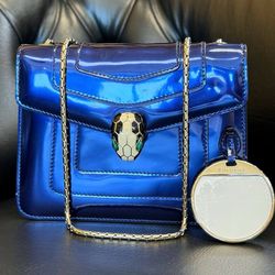 Bvlgari Serpenti Forever Square Crossbody Shoulder Bag Brushed Metallic calf Royal Sapphire Leather Receipt & Mirror