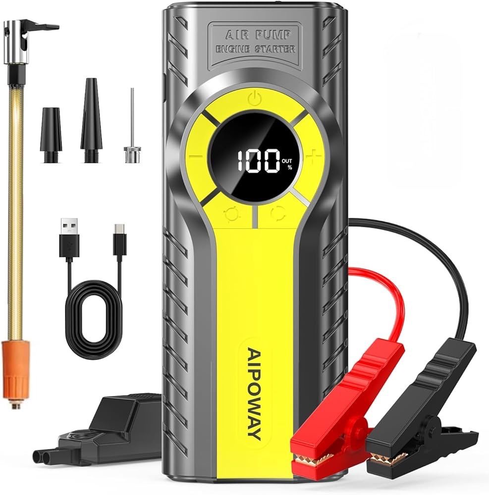 Car Jump Starter with Air Compressor,7000A Jump Starter Battery Pack (All Gas/12.0L Diesel) 12V 160PSI Auto Battery Booster,Jumper Cables with LED,Por