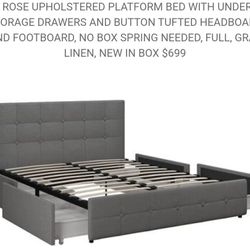 DHP Rose Upholstered Platform Bed with Underbed Storage Drawers and Button Tufted Headboard and Footboard, No Box Spring Needed, Full, Gray Linen, 