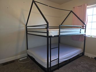 Full Over Full House Bunk Bed + Platform Bed Frame - Black Metal - $200