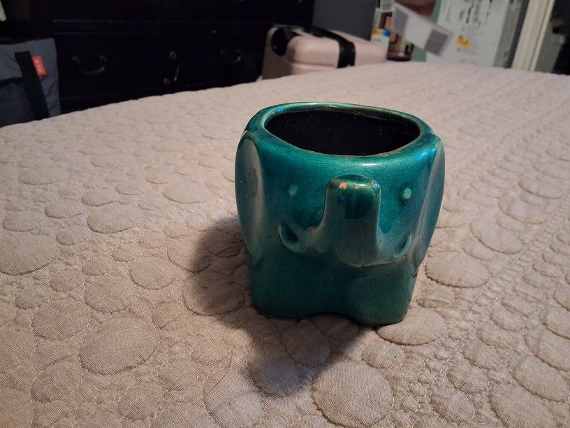 Small Teal Green Glazed Ceramic Elephant Planter or Pot