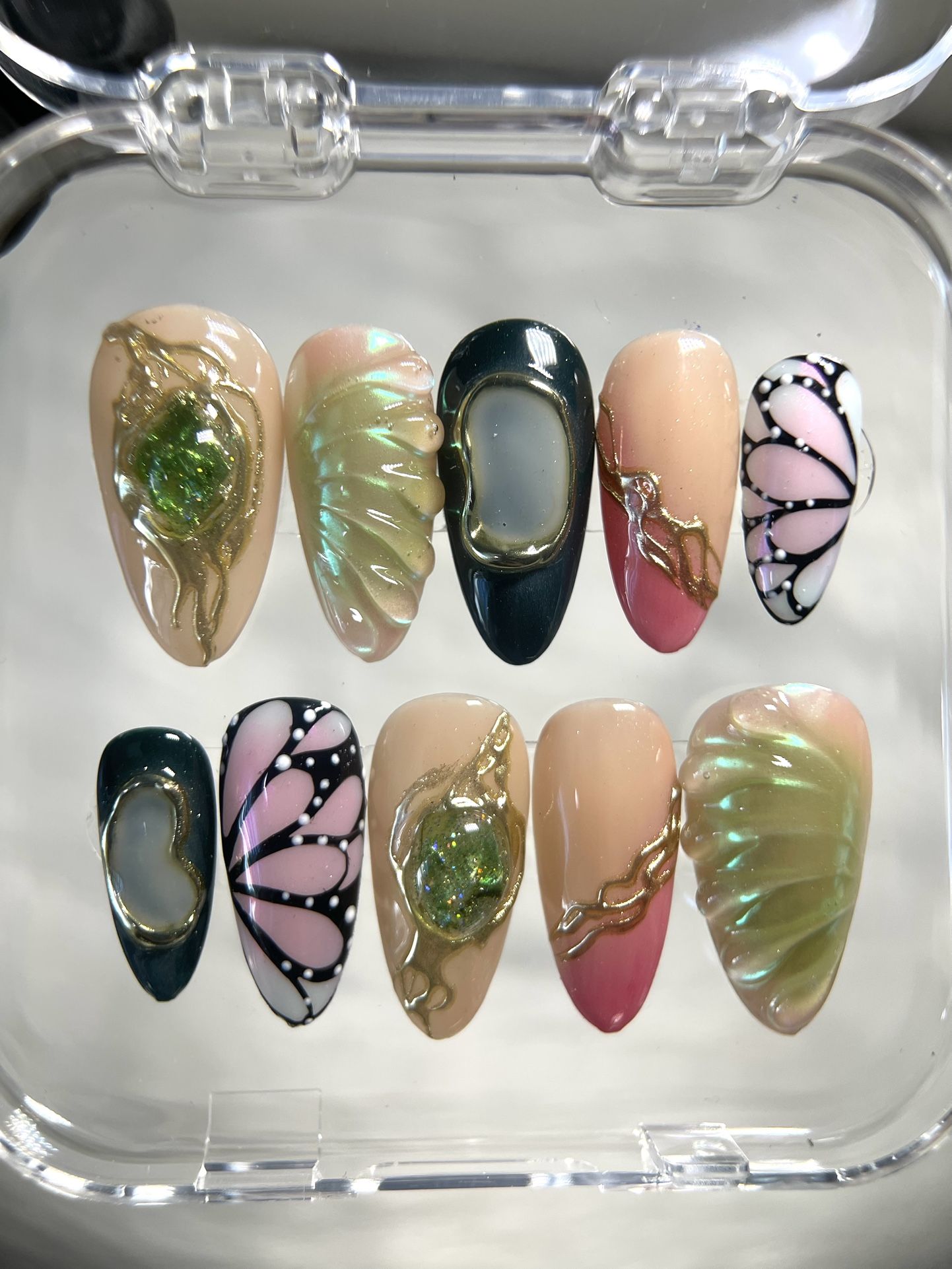 Butterfly & Green Gem Press-On Nails – Fantasy Nature 3D Nail Set 