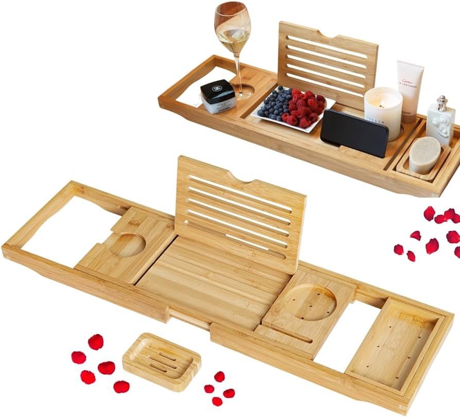 Bamboo Bathtub Caddy Tray, Expandable Bathtub Caddy Tray for Luxury Bath, Includes Cotton Towel, Soap Dish, Wine Glass Slot and Tablet Holder, Best Gi
