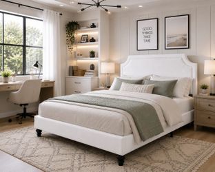 Queen bed Chenille Upholstered Platform Bed Frame, white 50.6"-54.5" Height Adjustable Minimalist Chenille Headboard, Strong Support, Noise-Free, No B
